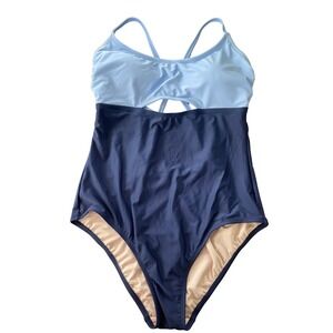 Kona Sol Women's One-Piece‎ Swimsuit XL Colorblock Cutout Back Tie Navy Blue